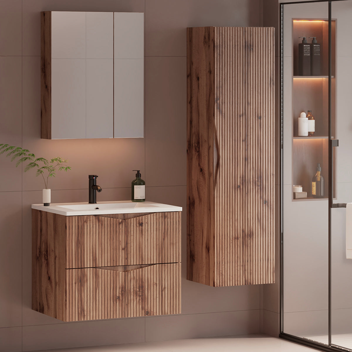 Ensemble meuble simple vasque encastrée 60cm et colonne Tao Bois