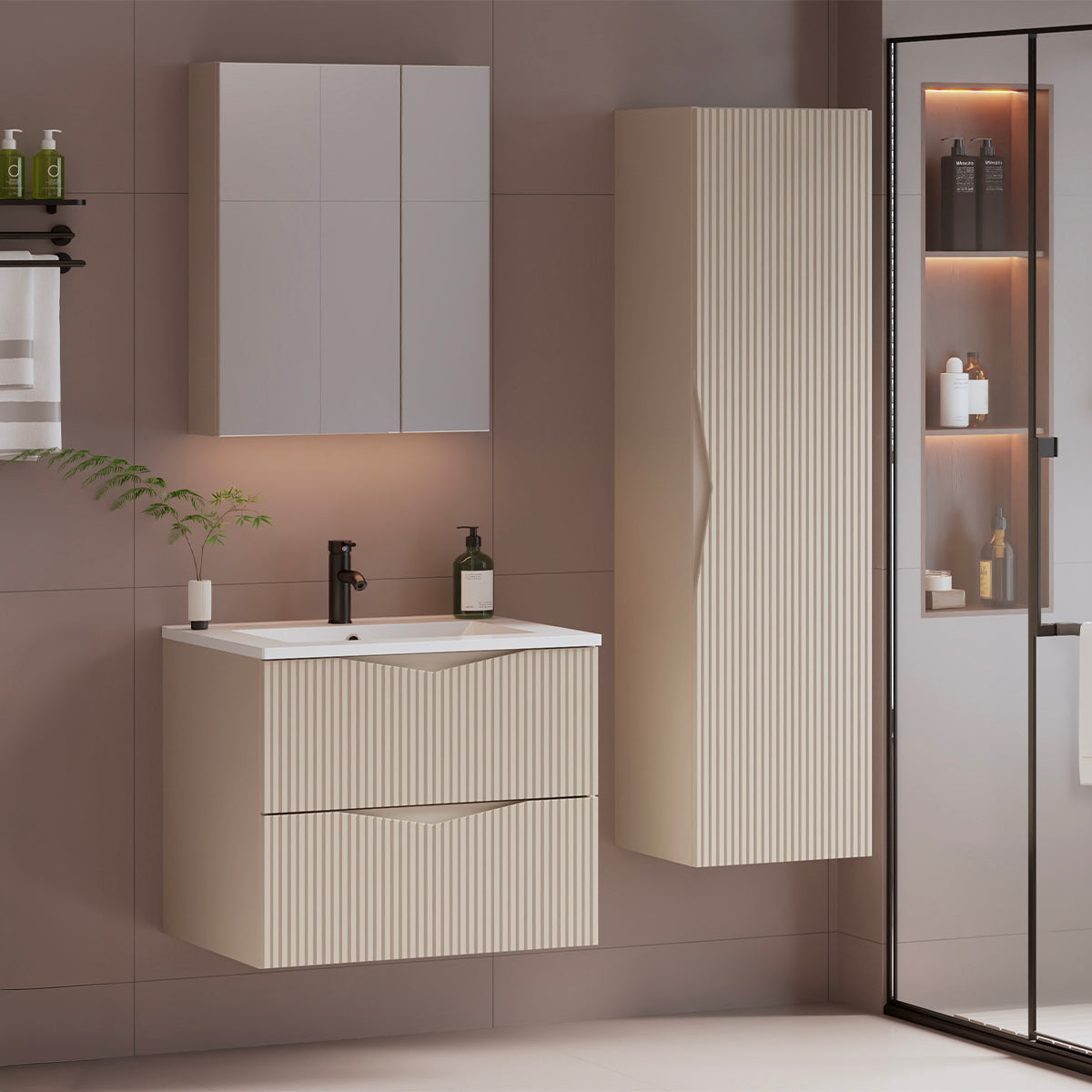 Ensemble meuble simple vasque encastrée 60cm et colonne Tao Cachemire