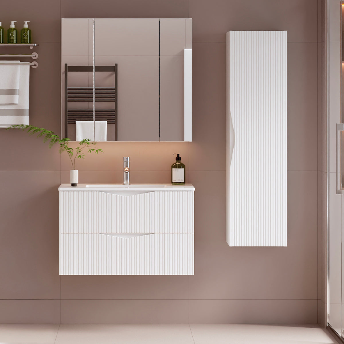 Ensemble meuble simple vasque encastrée 80cm et colonne Tao Blanc