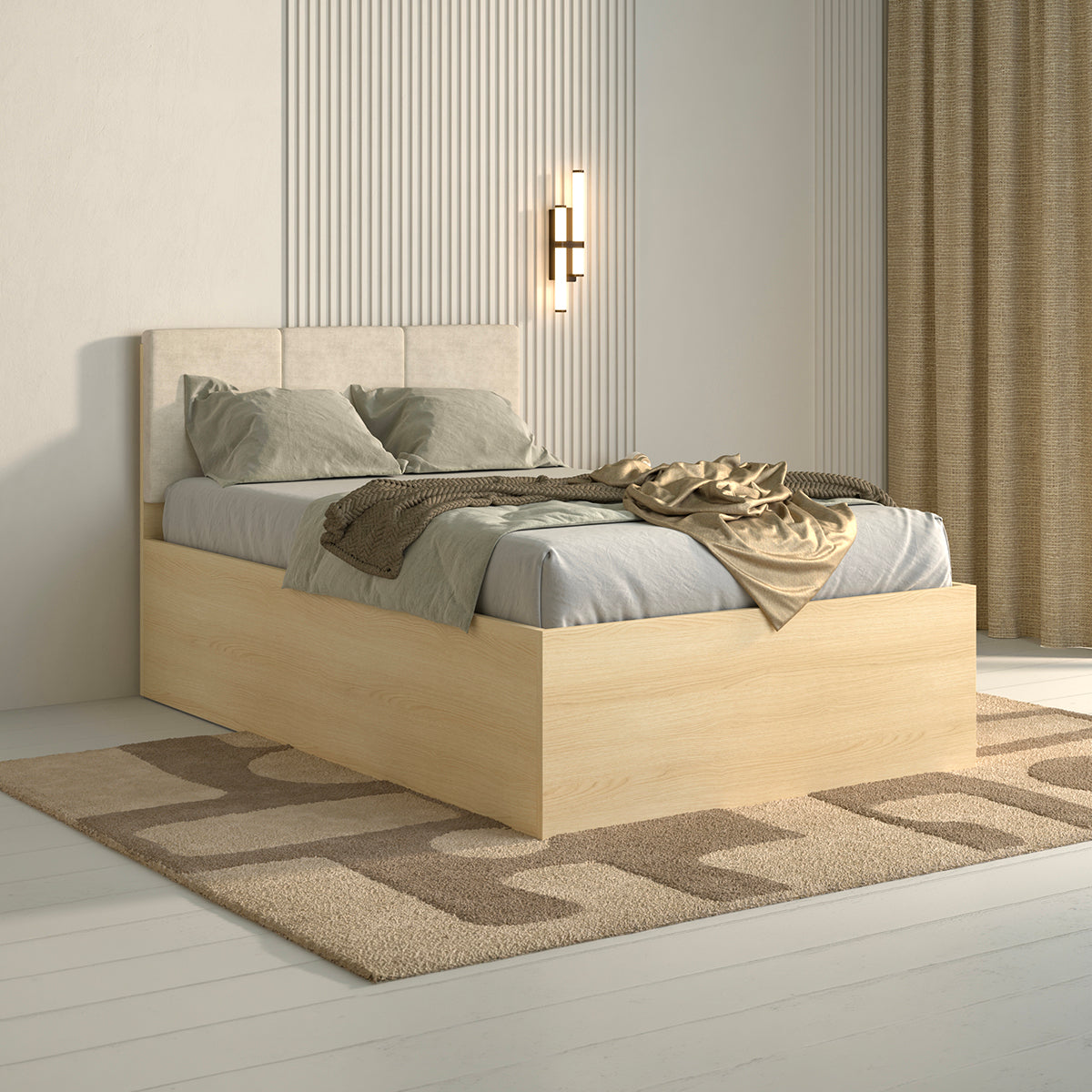 Lit coffre 120x200 sommier et LED inclus Téana Bois et Beige - vue 2