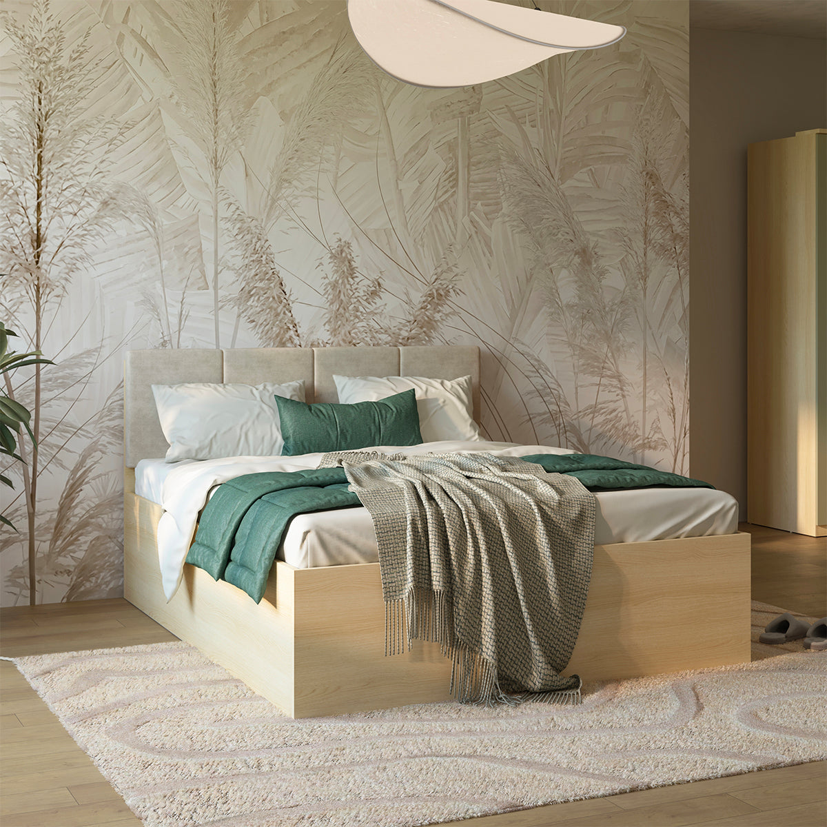 Lit coffre 160x200 sommier et LED inclus Téana Bois et Beige - vue 2