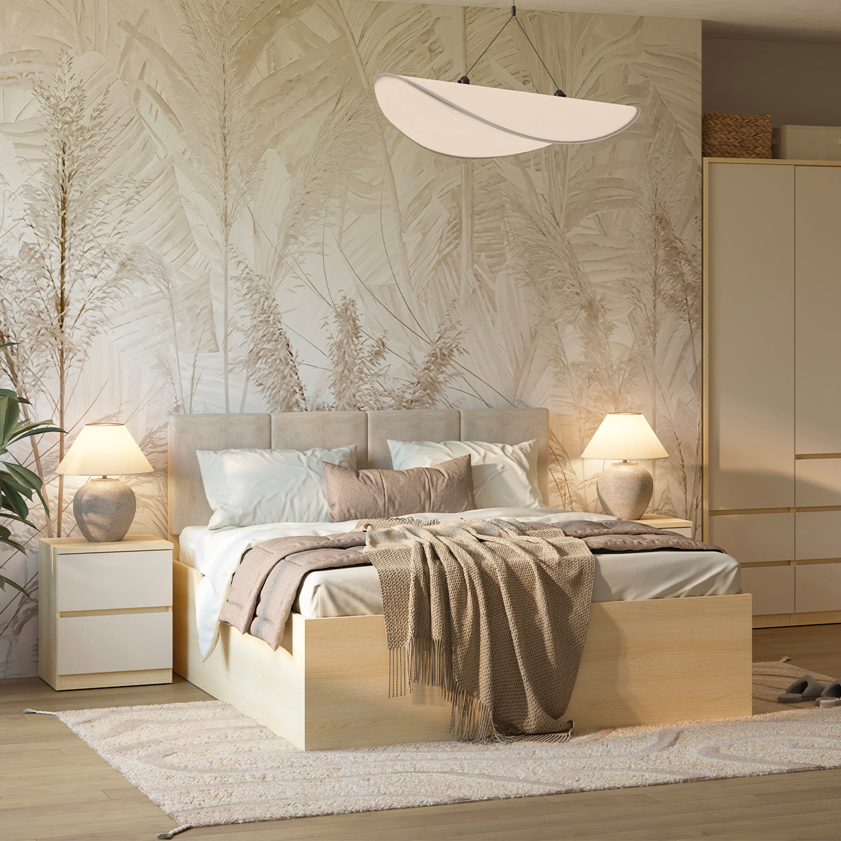 Lit 180x200 sommier et LED inclus Téana Bois et Beige - vue 3