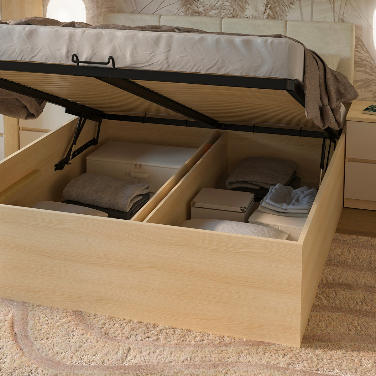 Lit coffre 180x200 sommier et LED inclus Téana Bois et Beige - vue 6