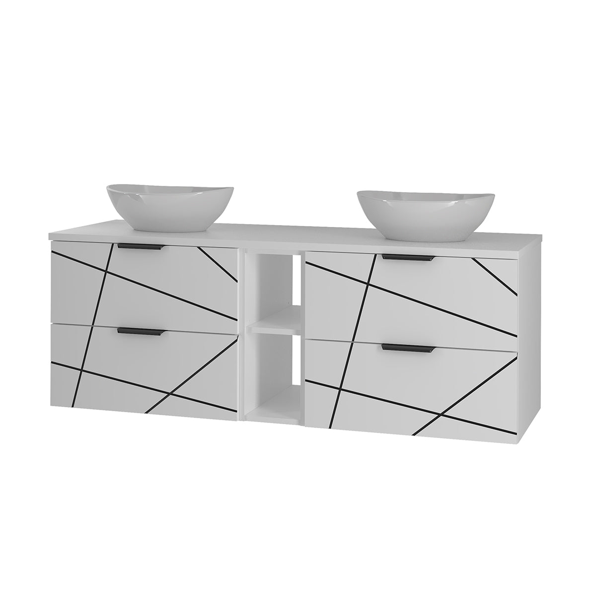 Ensemble meuble double vasque 140cm 2 niches et colonne Teren Blanc - vue 3