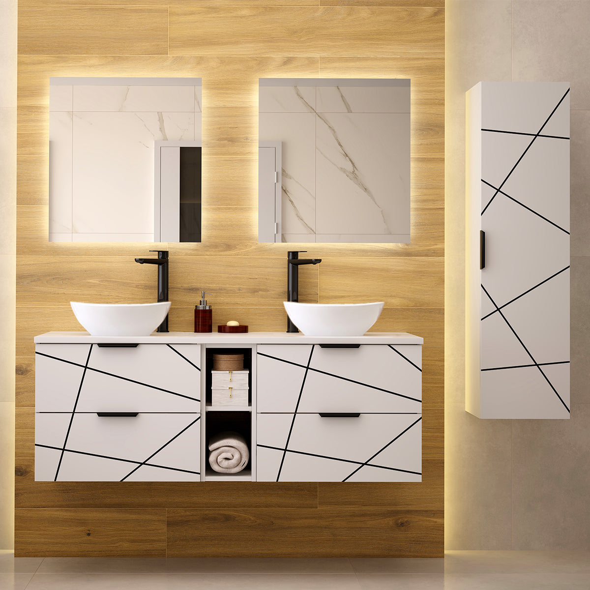Meuble sous-vasque 140cm 2 niches plan de toilette Teren Blanc - vue 6