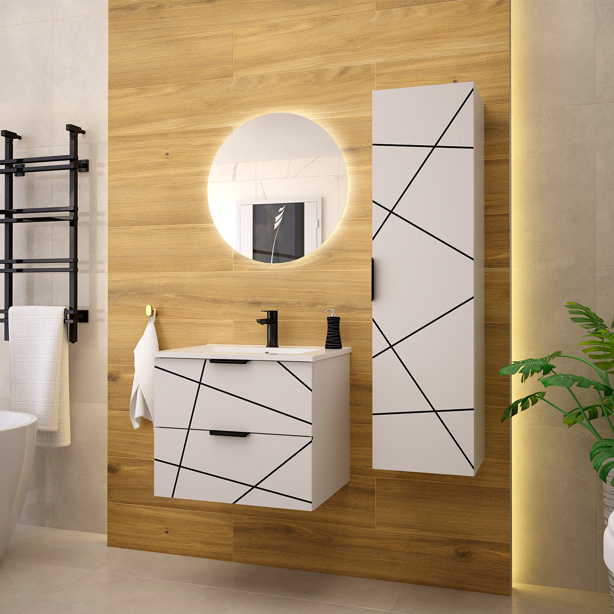 Meuble simple vasque encastrée 60cm Teren Blanc - vue 5