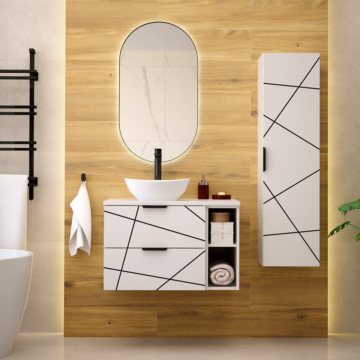 Meuble simple vasque 80cm 2 niches Teren Blanc - vue 6