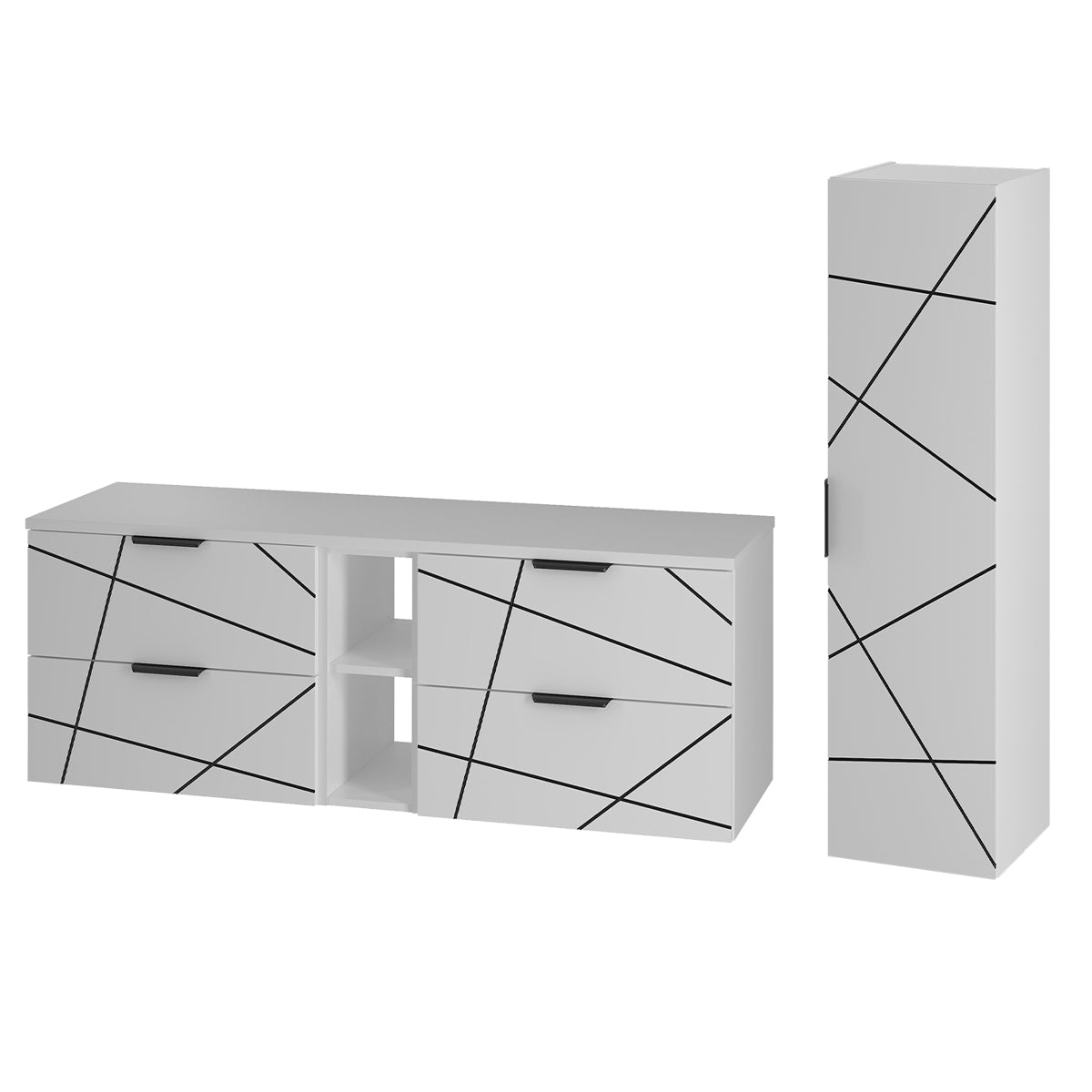 Ensemble meuble double vasque 140cm 2 niches et colonne Teren Blanc - vue 2