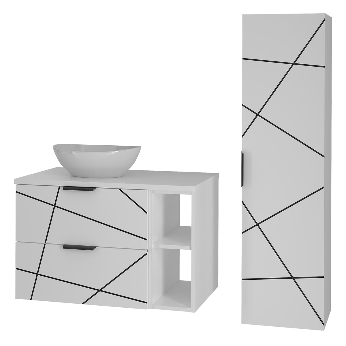 Ensemble meuble simple vasque 80cm 2 niches et colonne Teren Blanc - vue 2