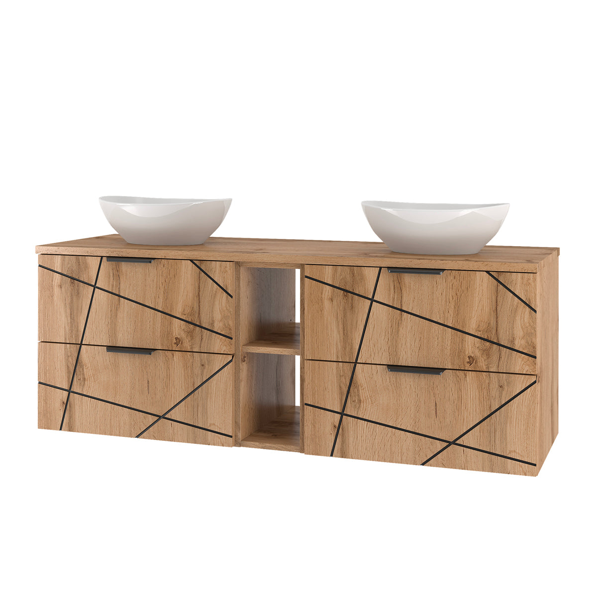 Ensemble meuble double vasque 140cm 2 niches et colonne Teren Bois - vue 3