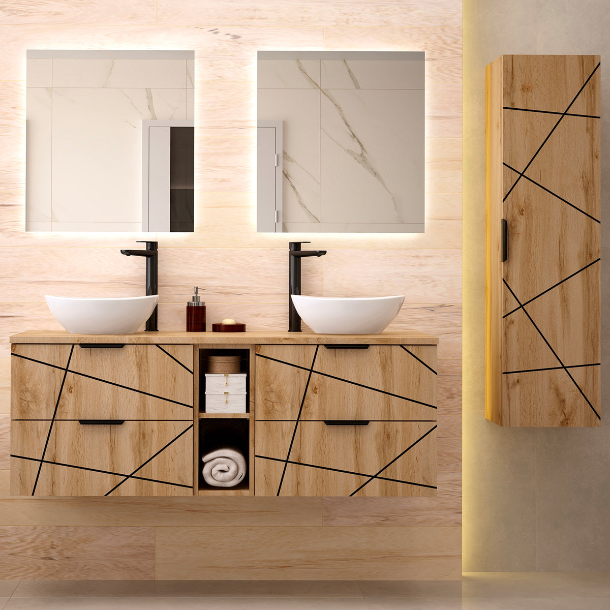 Meuble double vasque 140cm 2 niches Teren Bois - vue 5