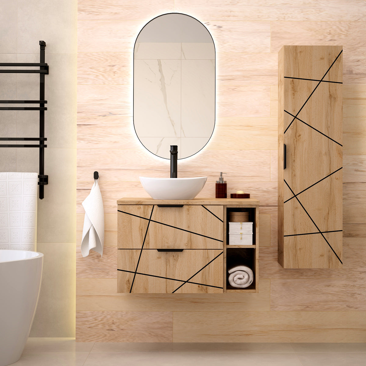 Meuble simple vasque 80cm 2 niches Teren Bois - vue 6
