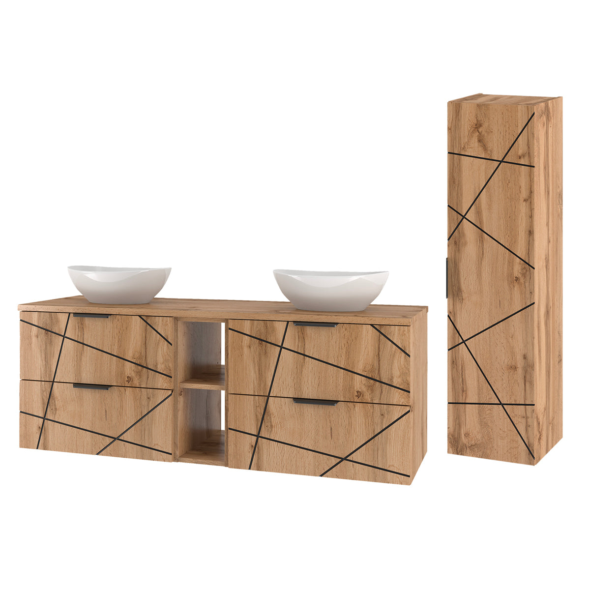 Ensemble meuble double vasque 140cm 2 niches et colonne Teren Bois - vue 2