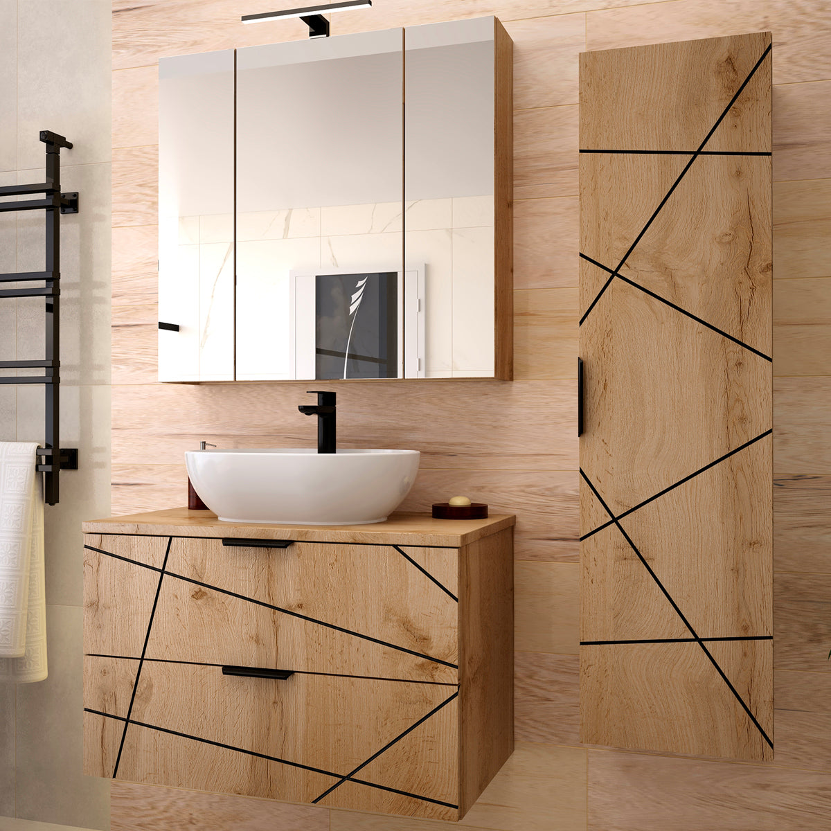 Ensemble meuble simple vasque 80cm et colonne Teren Bois