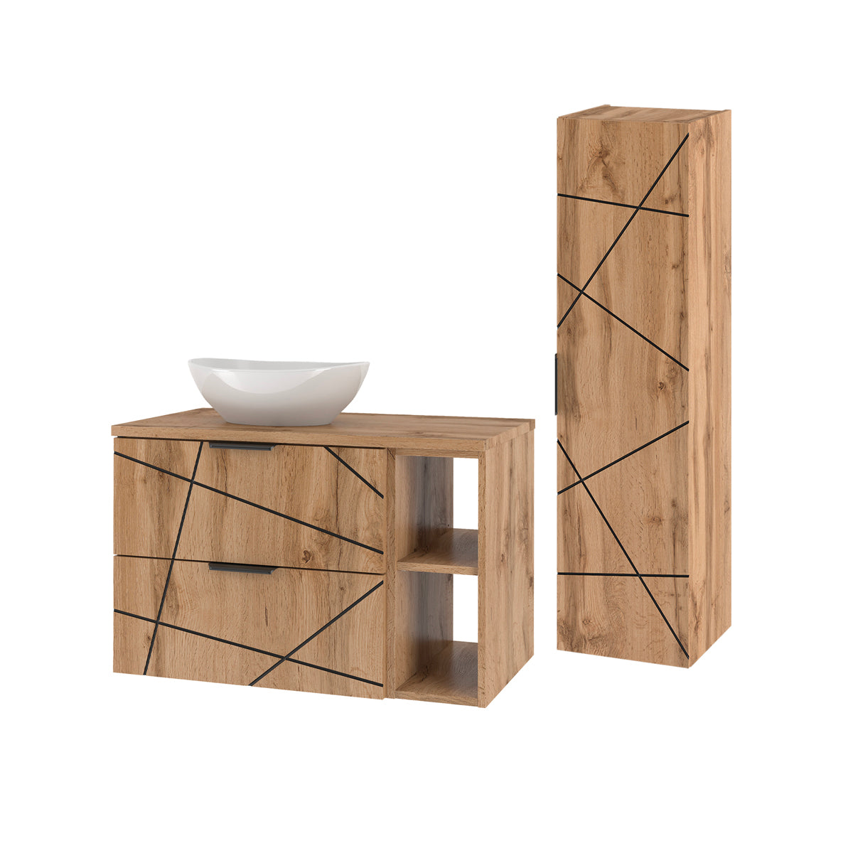 Ensemble meuble simple vasque 80cm 2 niches et colonne Teren Bois - vue 2