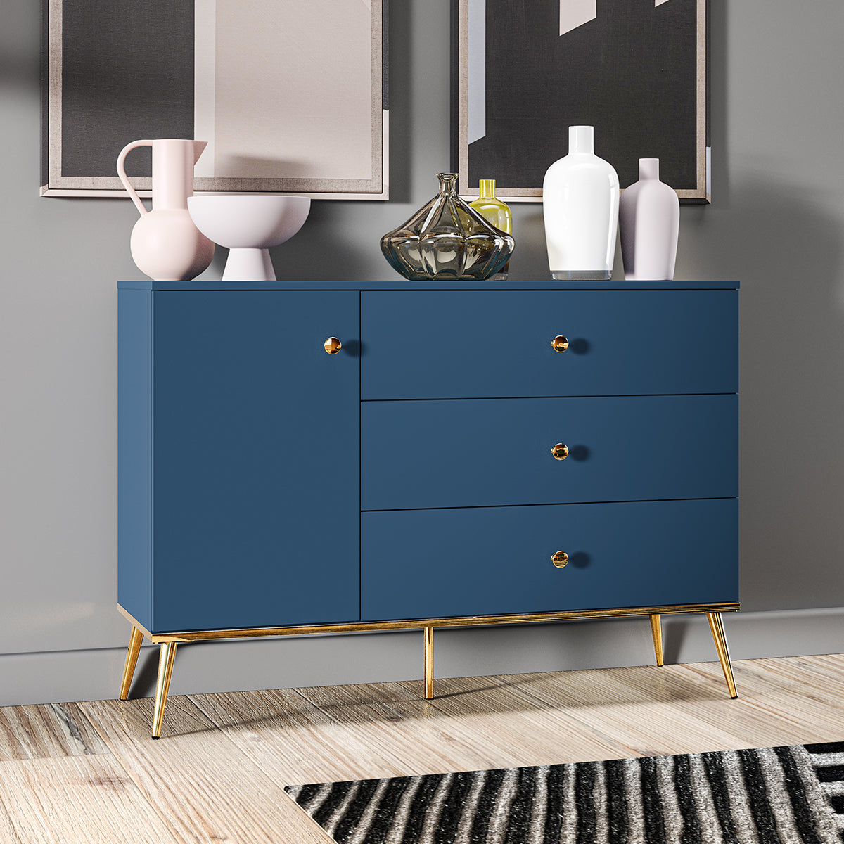 Buffet 1 porte 3 tiroirs Thalia Bleu - vue 3