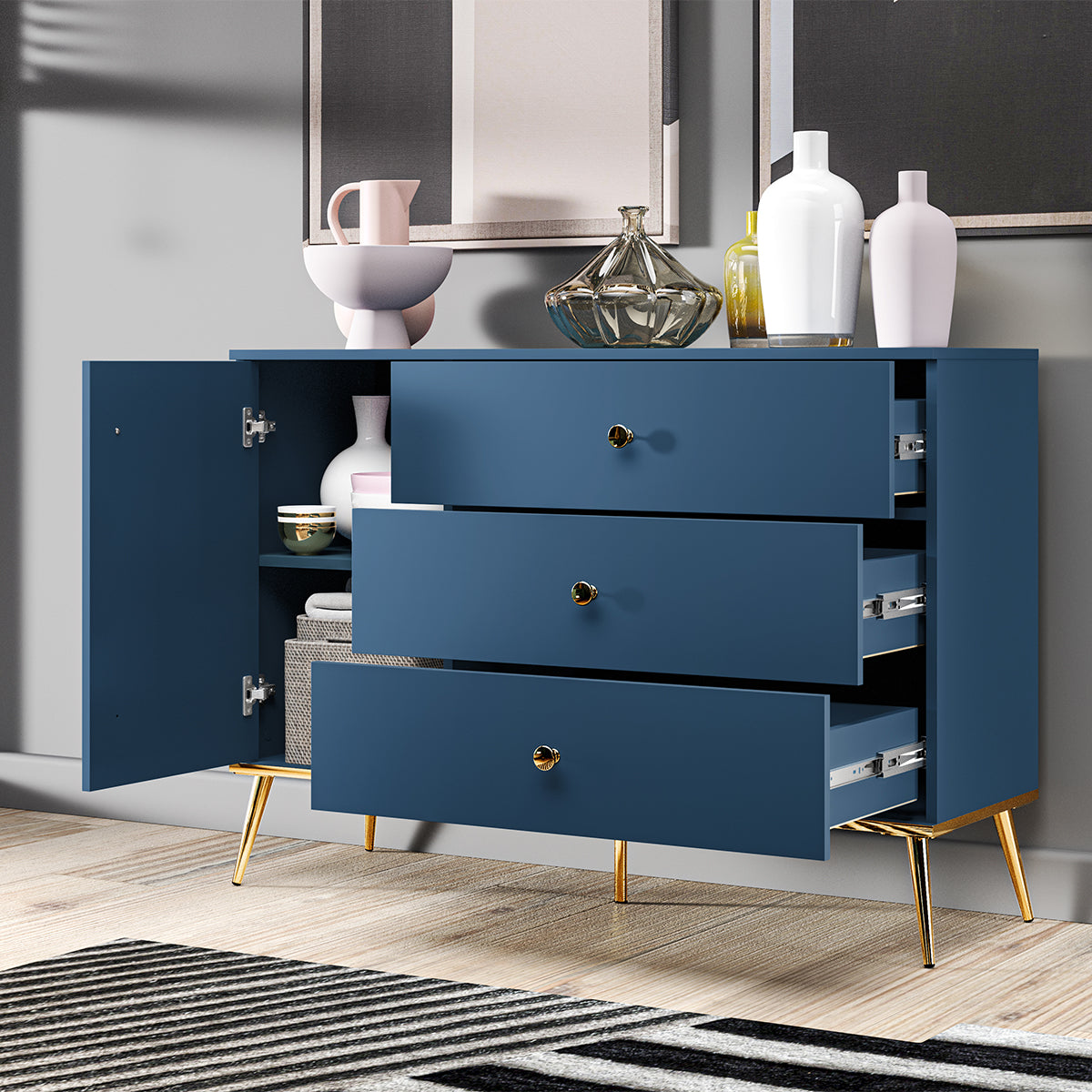 Buffet 1 porte 3 tiroirs Thalia Bleu - vue 4