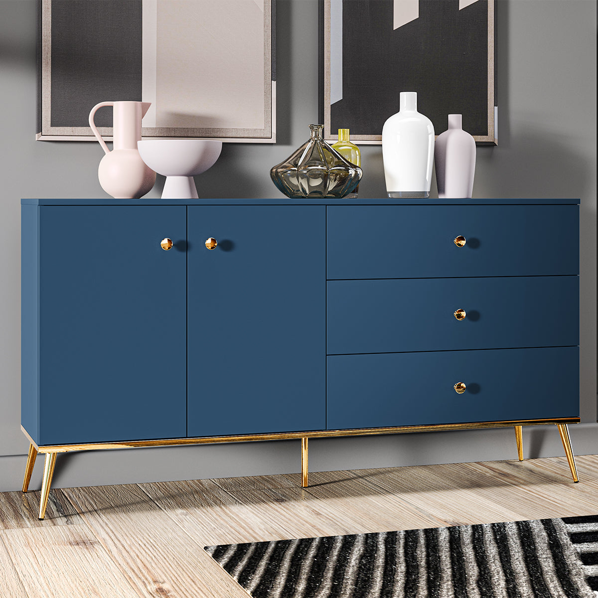 Buffet 2 portes 3 tiroirs Thalia Bleu - vue 3
