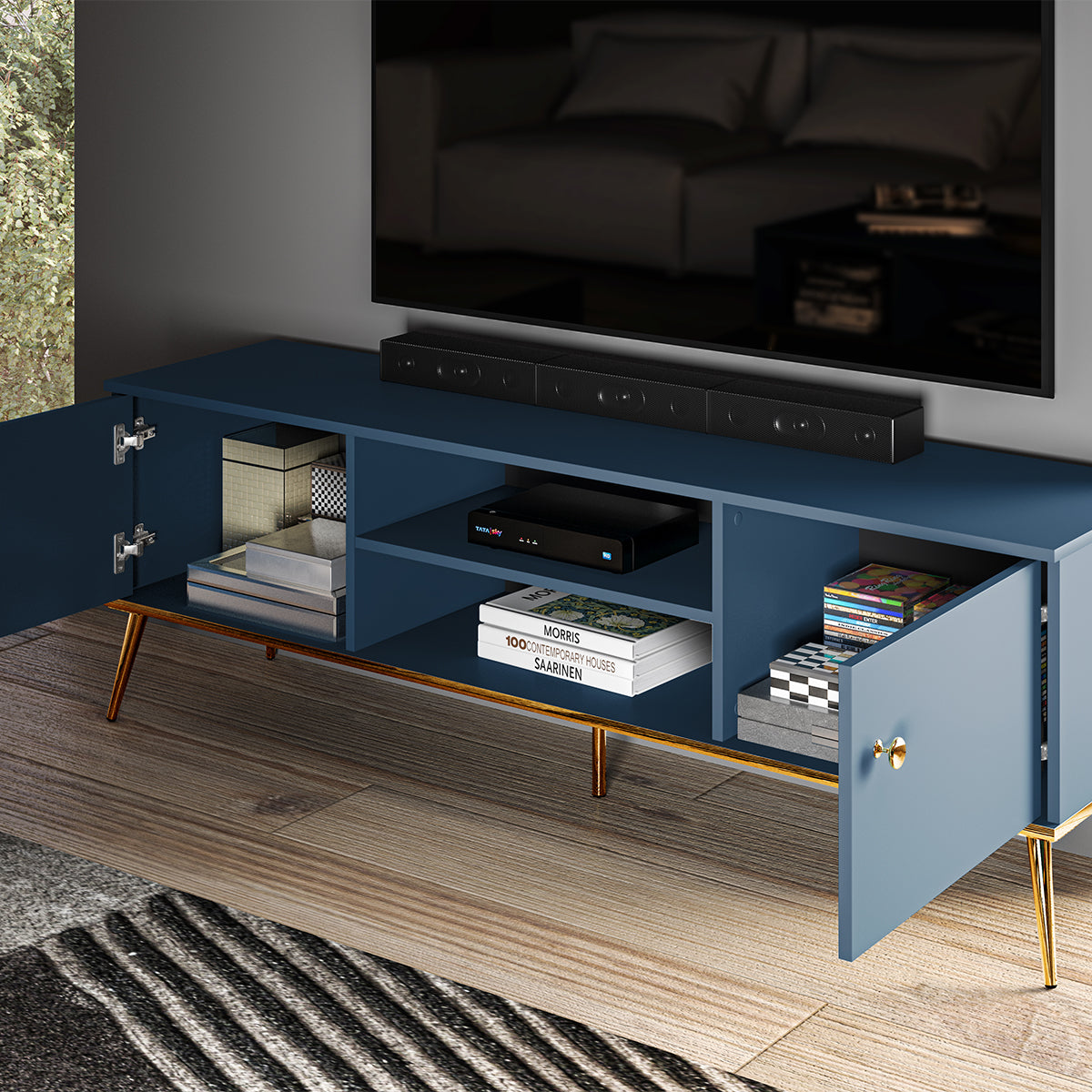 Meuble TV 2 portes 160 cm Thalia Bleu - vue 3