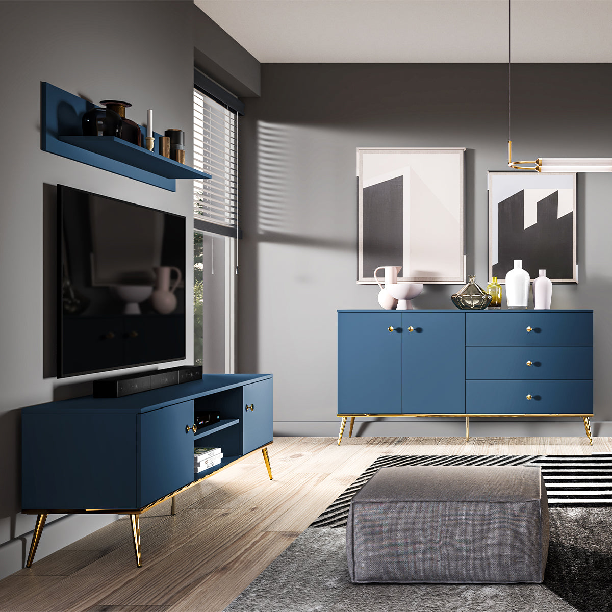 Meuble TV 2 portes 160 cm Thalia Bleu - vue 4