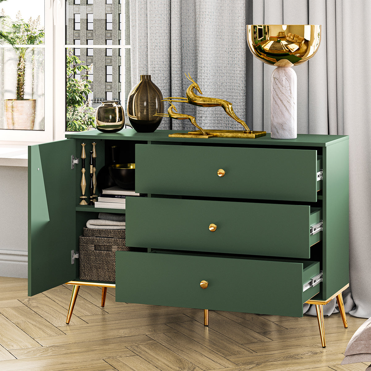 Buffet 1 porte 3 tiroirs Thalia Vert - vue 4