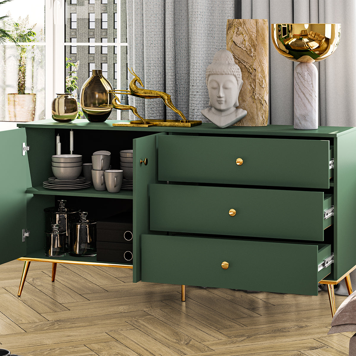 Buffet 2 portes 3 tiroirs Thalia Vert - vue 3