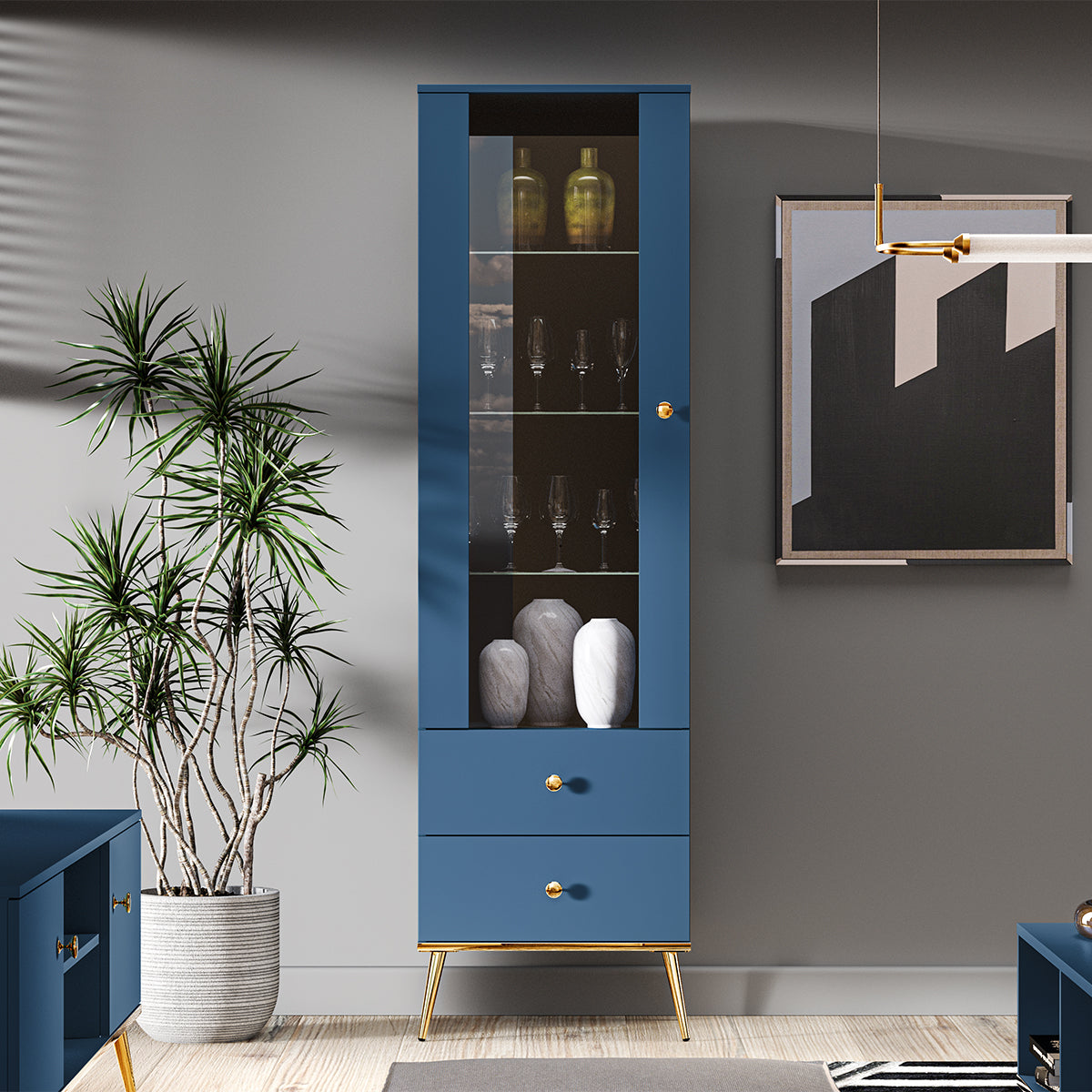 Vitrine 1 porte 2 tiroirs Thalia Bleu - vue 3