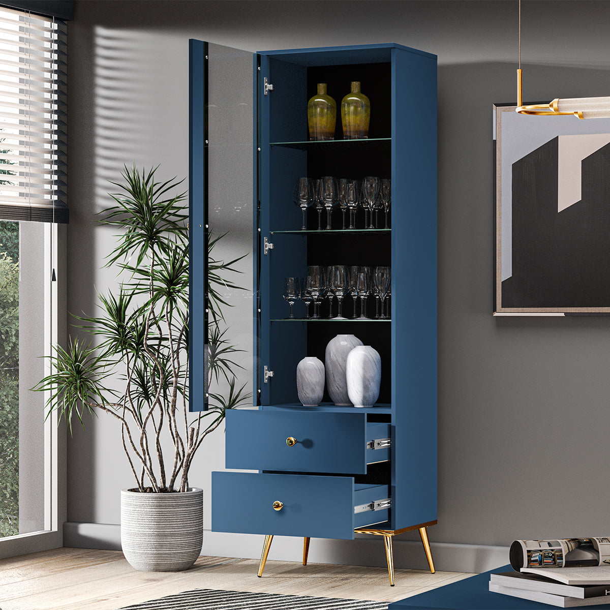 Vitrine 1 porte 2 tiroirs Thalia Bleu - vue 4