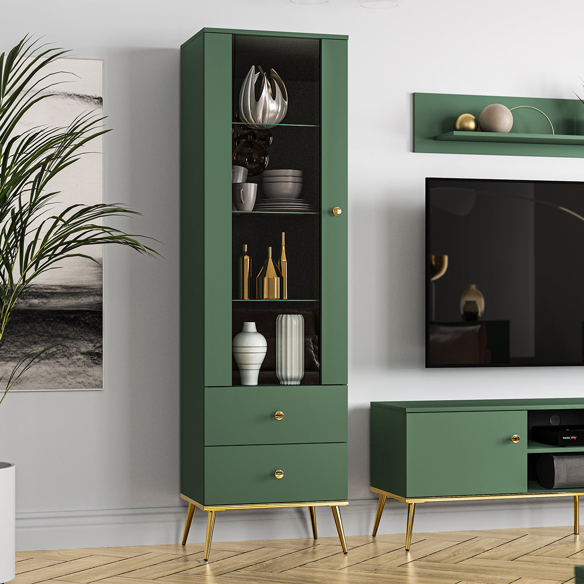 Vitrine 1 porte 2 tiroirs Thalia Vert - vue 3
