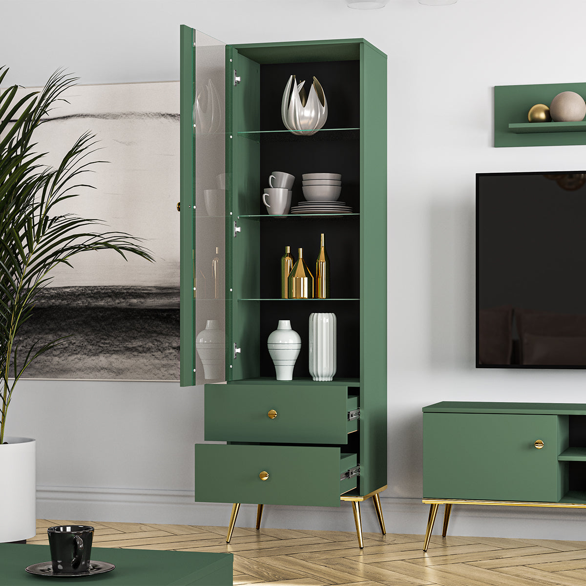 Vitrine 1 porte 2 tiroirs Thalia Vert - vue 4