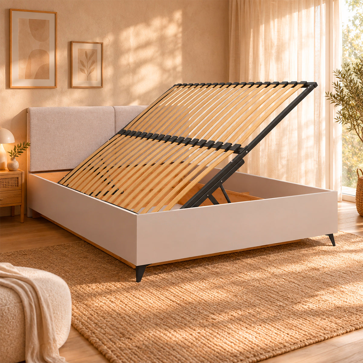 Lit coffre 160x200 sommier inclus ouverture de côté Vicky Cachemire et Bois - vue 7