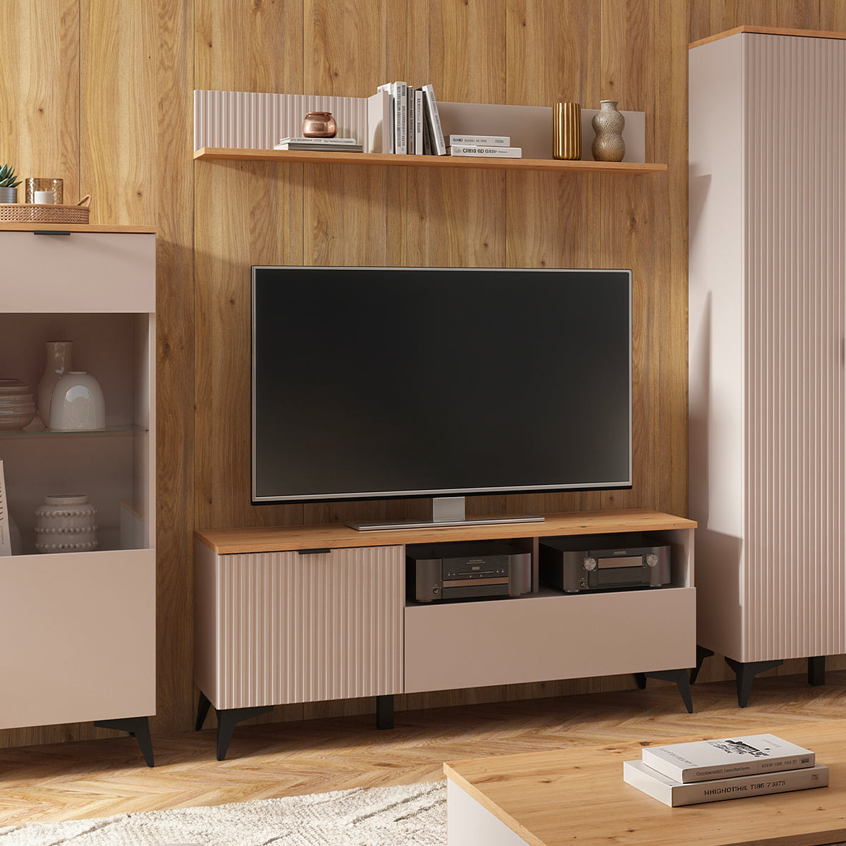 Meuble TV 1 porte 1 tiroir 135 cm Vicky Cachemire et Bois - vue 2