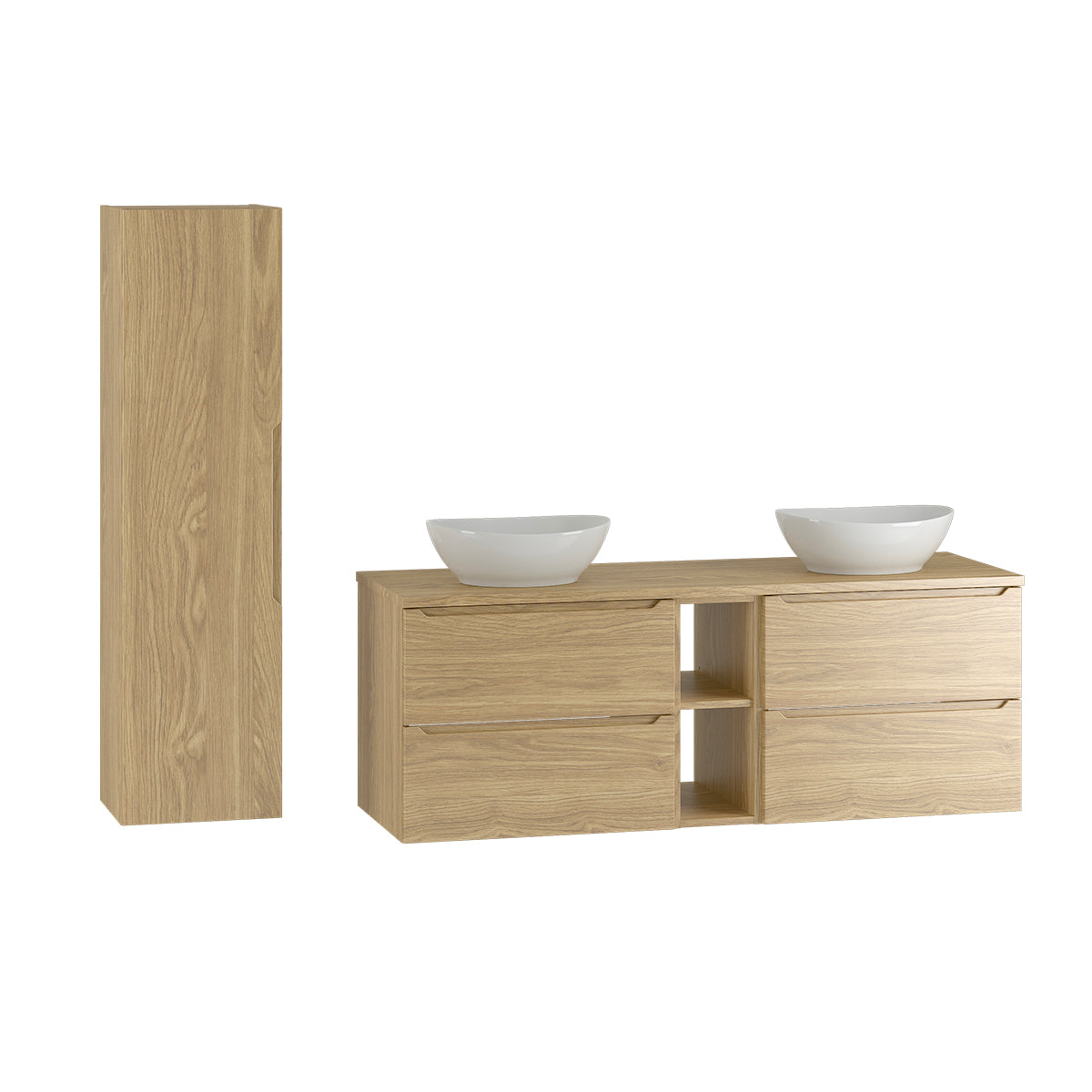 Ensemble meuble double vasque 140cm 2 niches et colonne Viggo Bois - vue 2