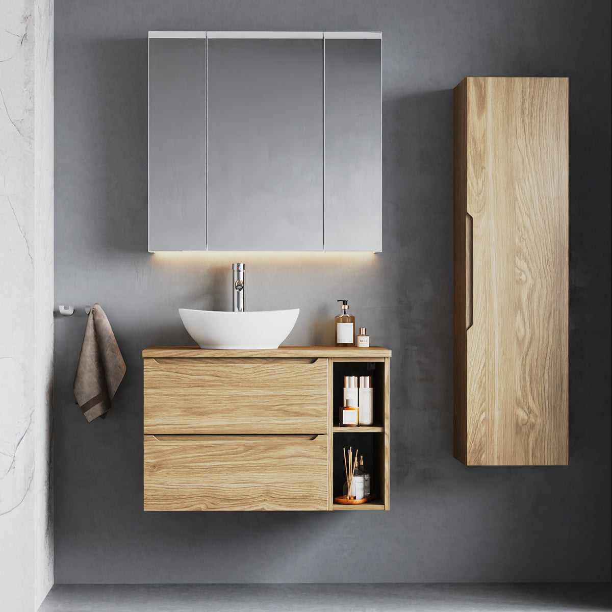 Ensemble meuble simple vasque 80cm 2 niches et colonne Viggo Bois