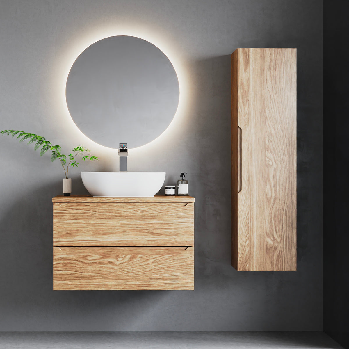 Ensemble meuble simple vasque 80cm et colonne Viggo Bois