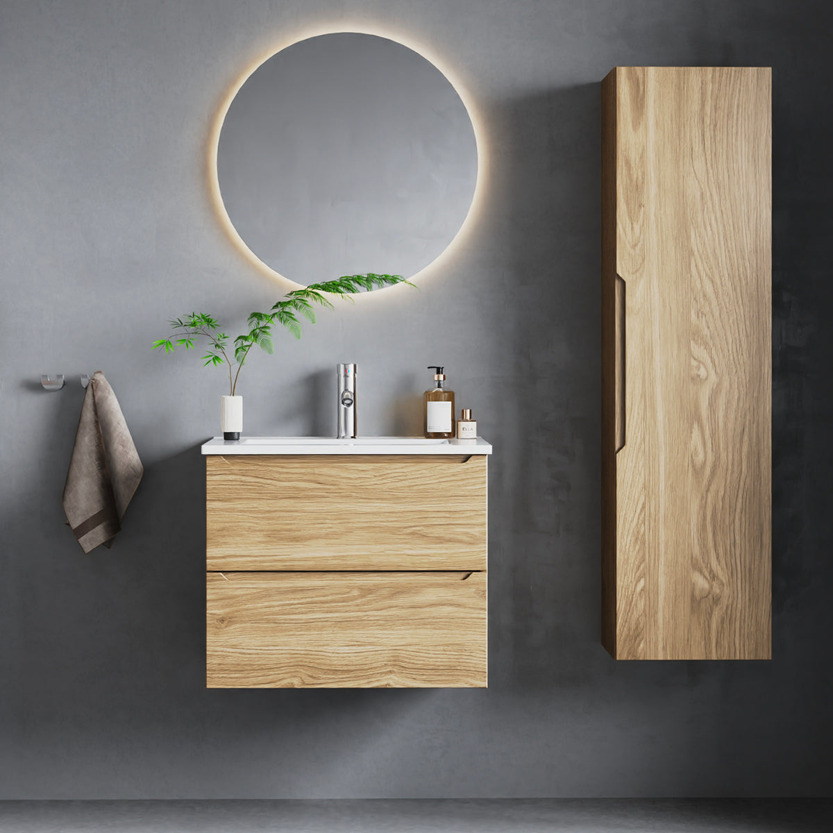 Ensemble meuble simple vasque encastrée 60cm et colonne Viggo Bois