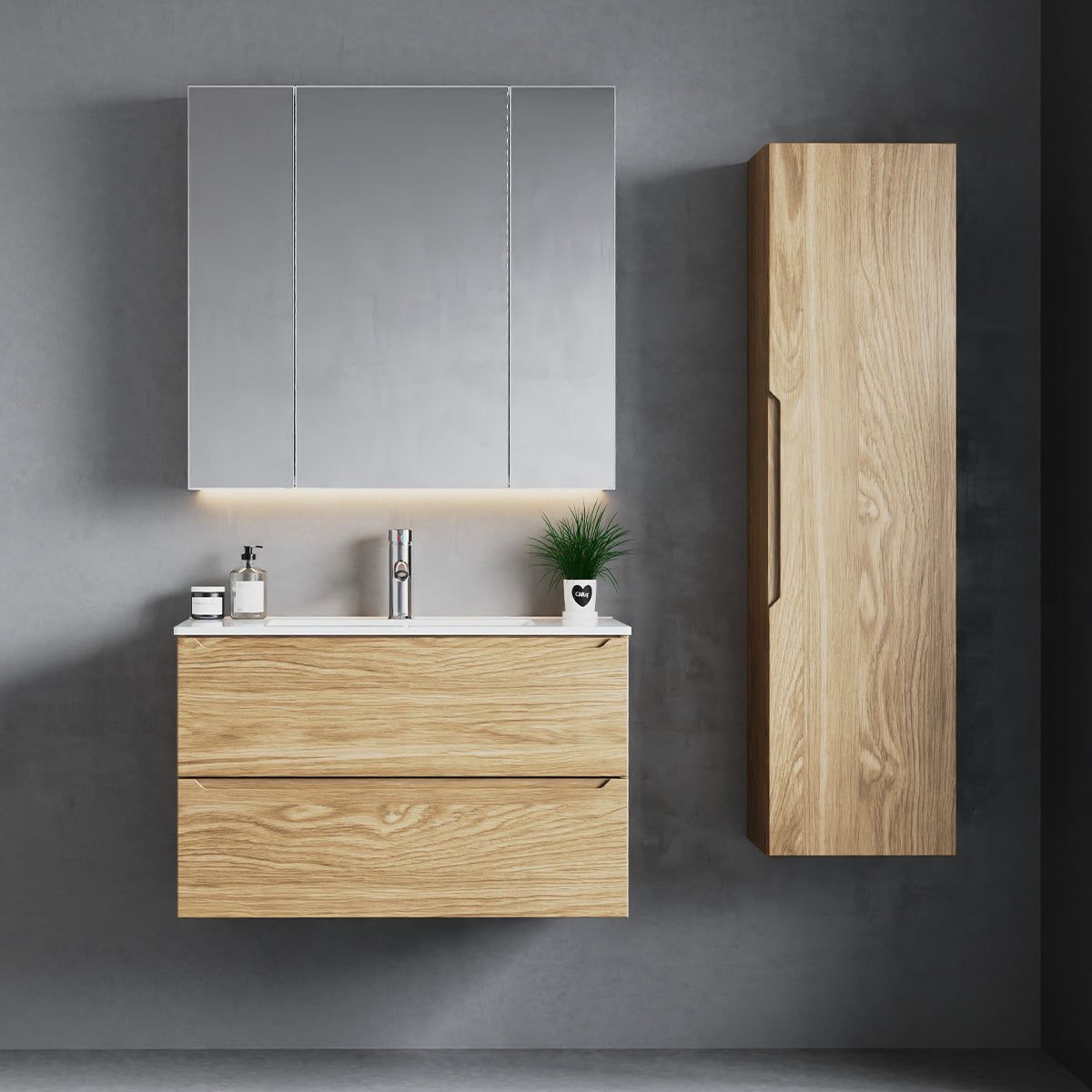 Ensemble meuble simple vasque encastrée 80cm et colonne Viggo Bois