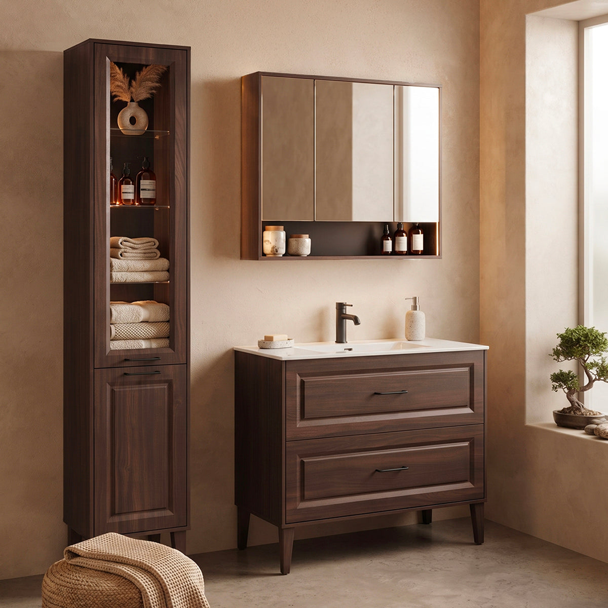 Ensemble meuble simple vasque encastrée 100cm colonne et armoire miroir Moka Bois foncé