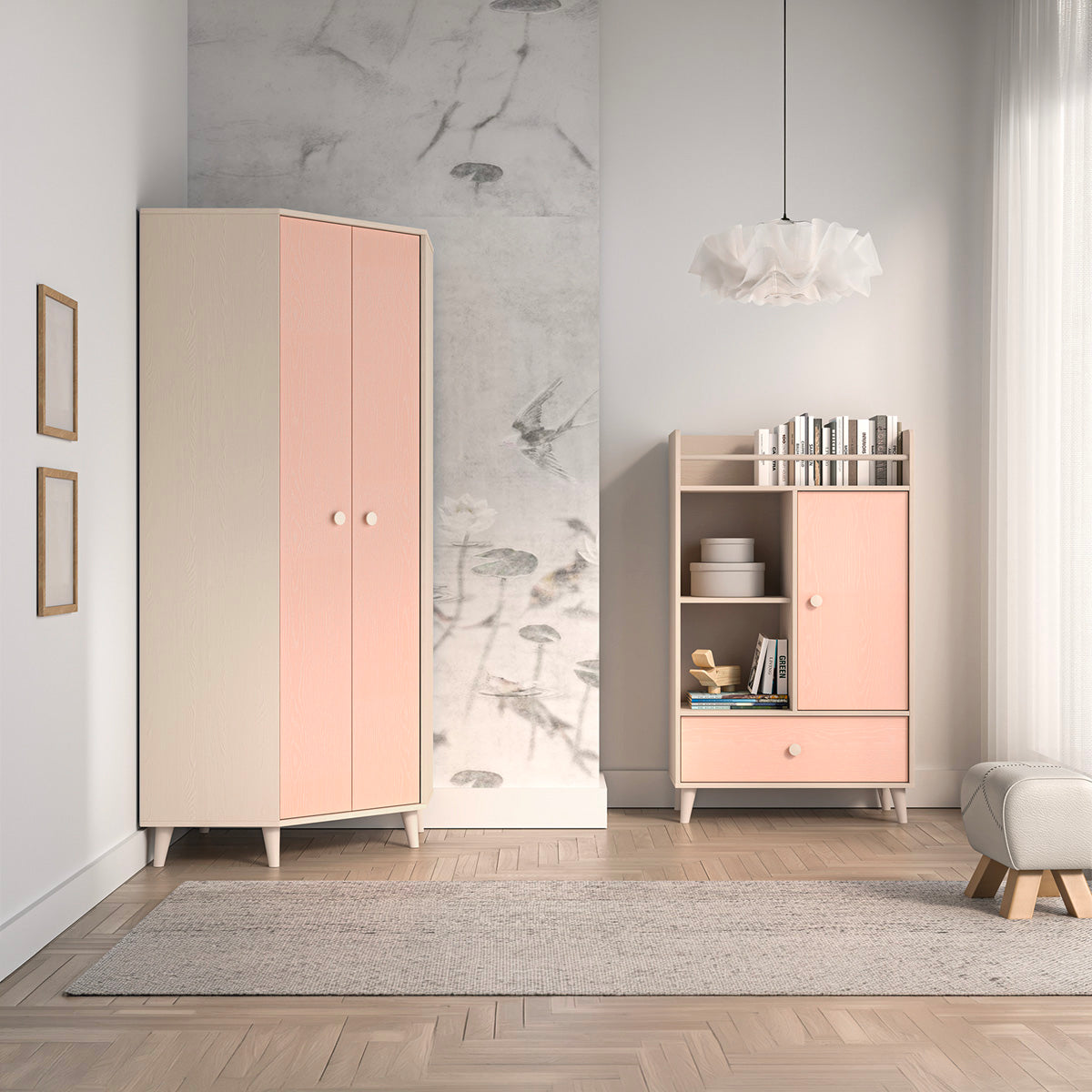 Armoire d'angle 2 portes Alycia Beige et Rose