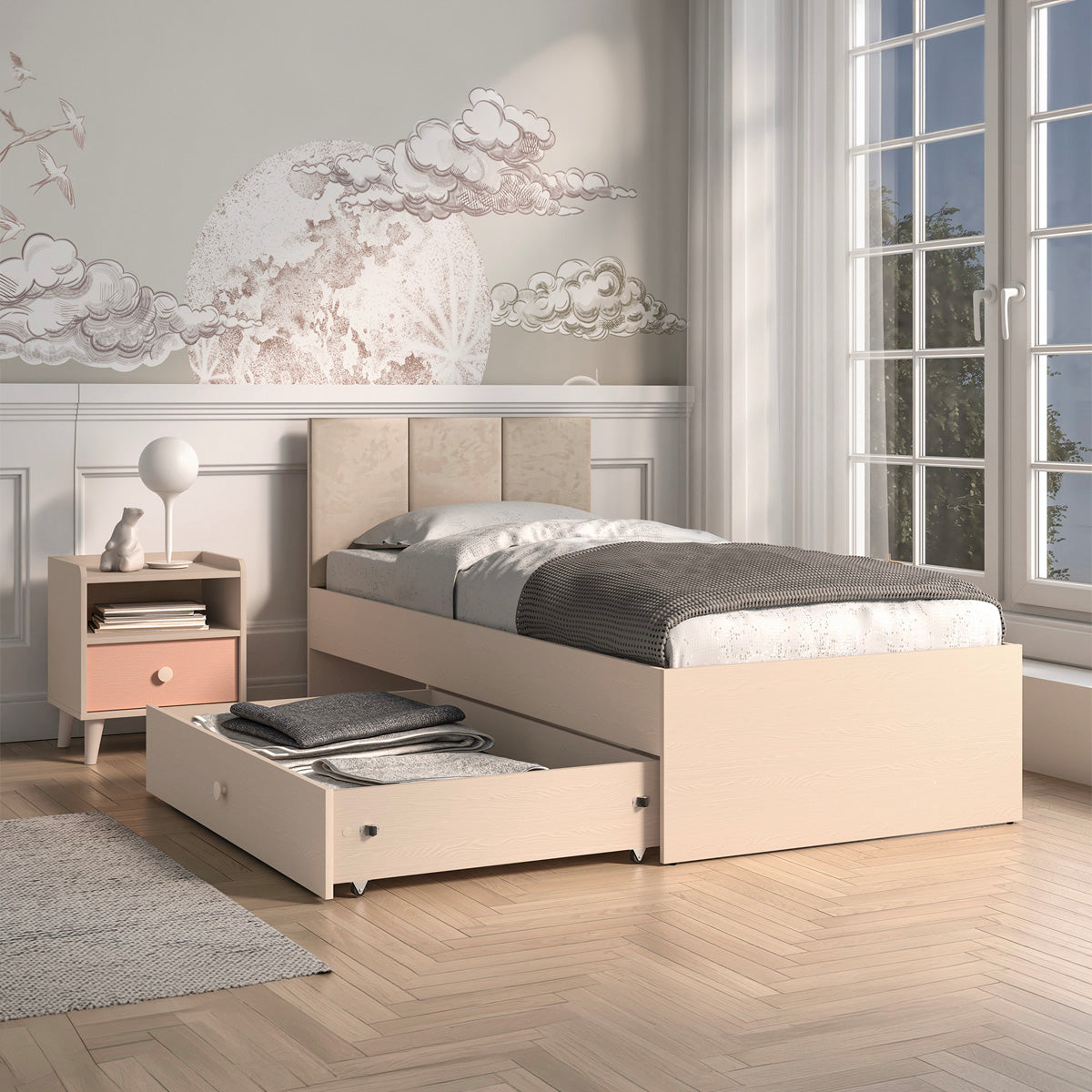 Lit 90x200 sommier et tiroir inclus Alycia Beige