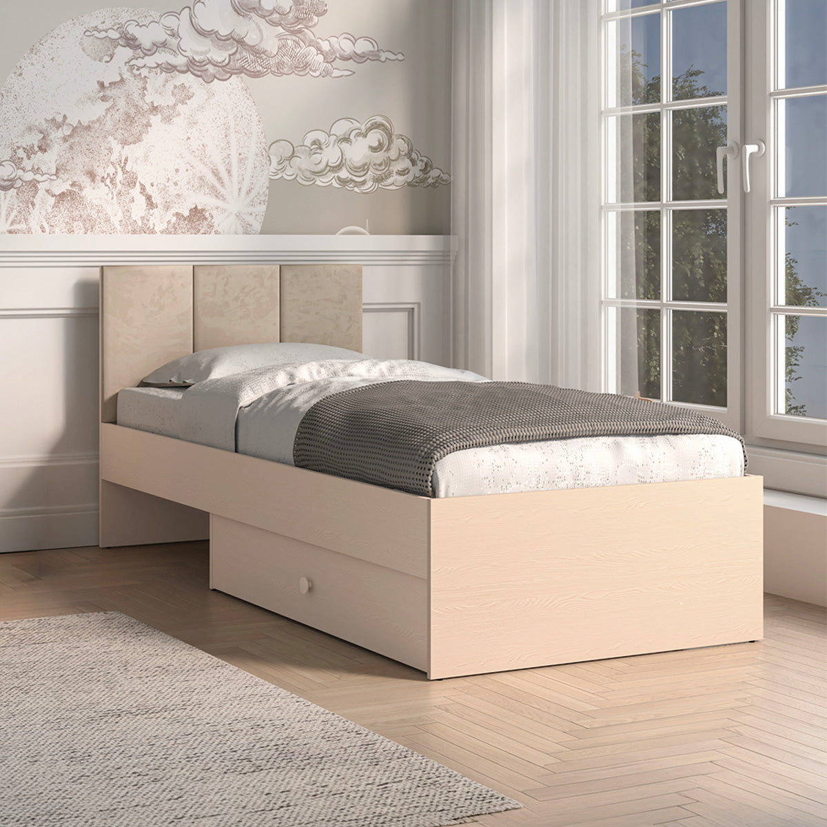 Lit 90x200 sommier et tiroir inclus Alycia Beige