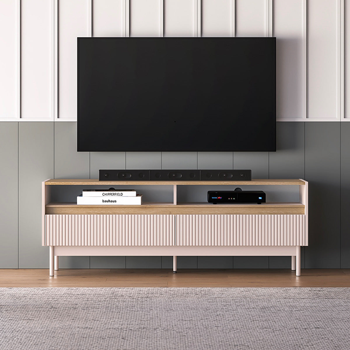 Meuble TV 2 tiroirs 154 cm Connie Cachemire et Bois