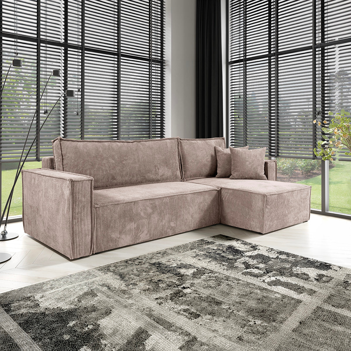 Canapé d'angle réversible convertible 3 places Ezekiel velours côtelé Taupe