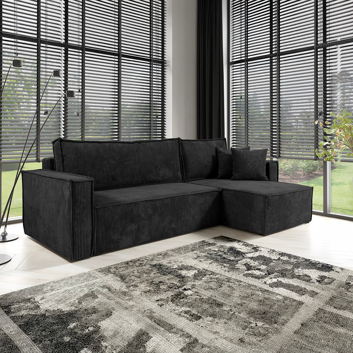 Canapé d'angle réversible convertible 3 places Ezekiel velours côtelé Noir