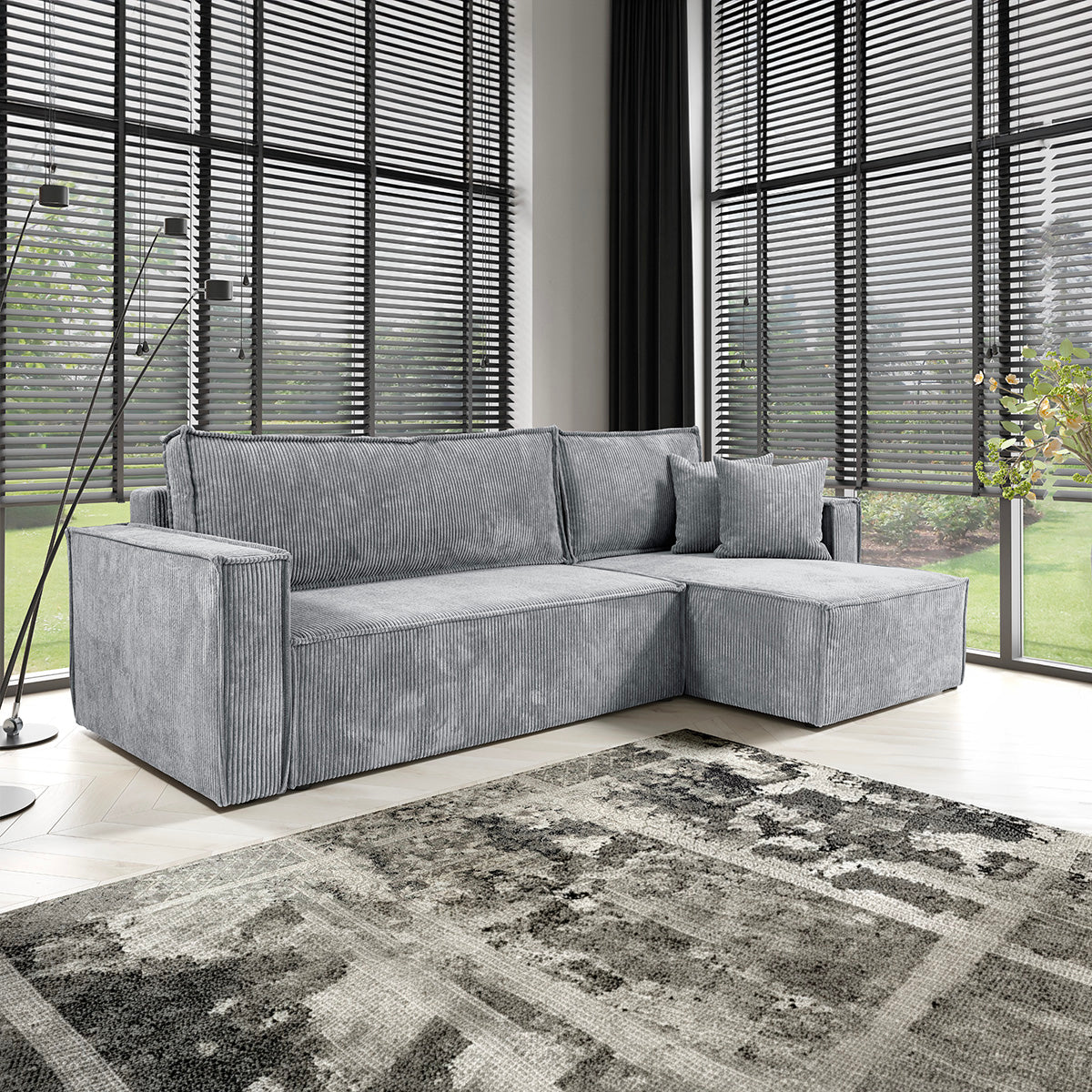 Canapé d'angle réversible convertible 3 places Ezekiel velours côtelé Gris Clair