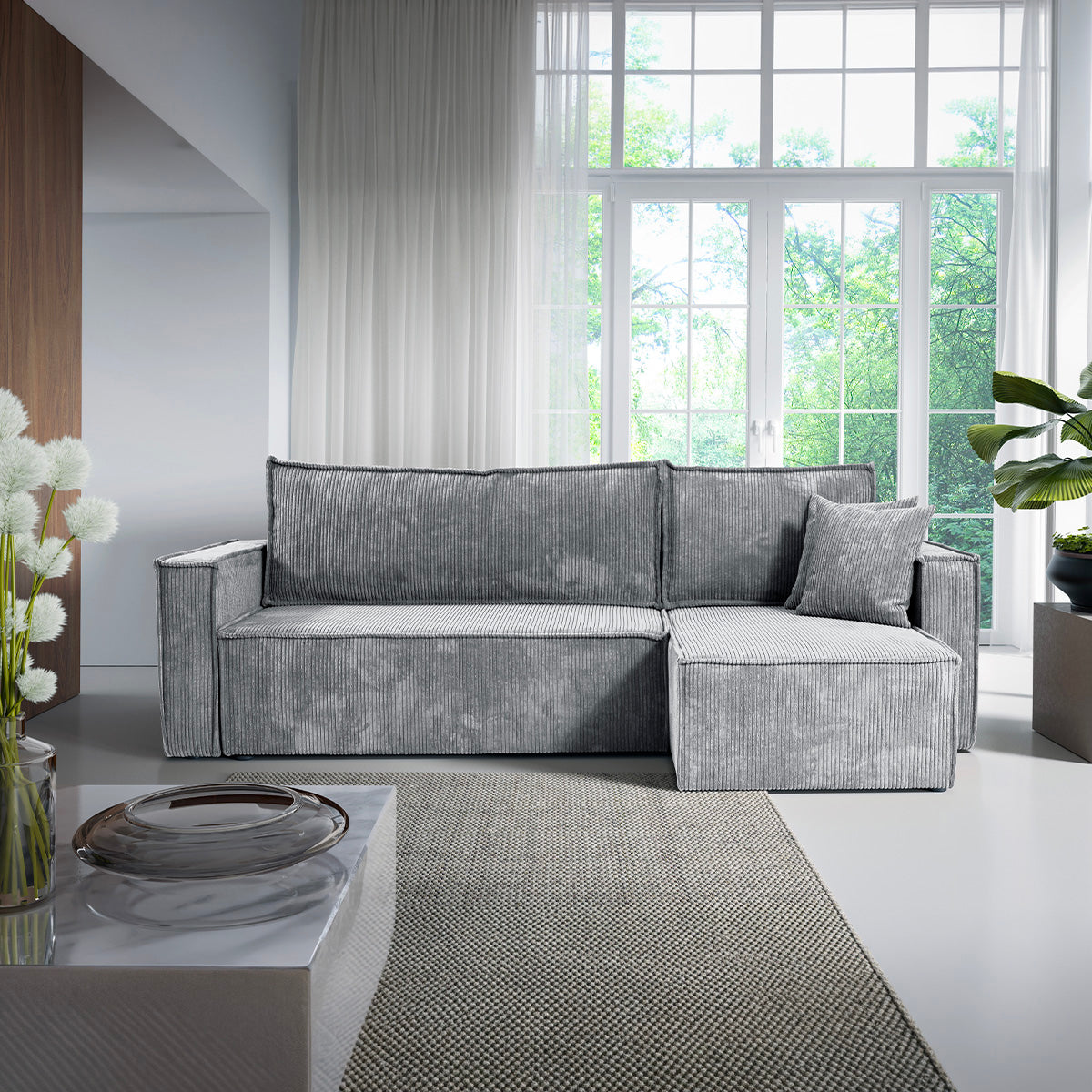 Canapé d'angle réversible convertible 3 places Ezekiel velours côtelé Gris Clair