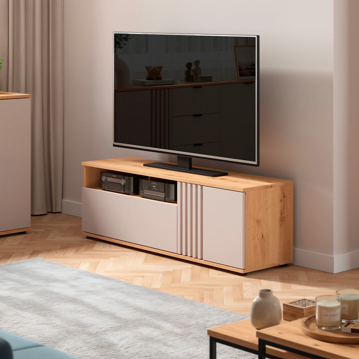 Meuble TV 1 porte 1 tiroir 135 cm Ezra Cachemire et Bois