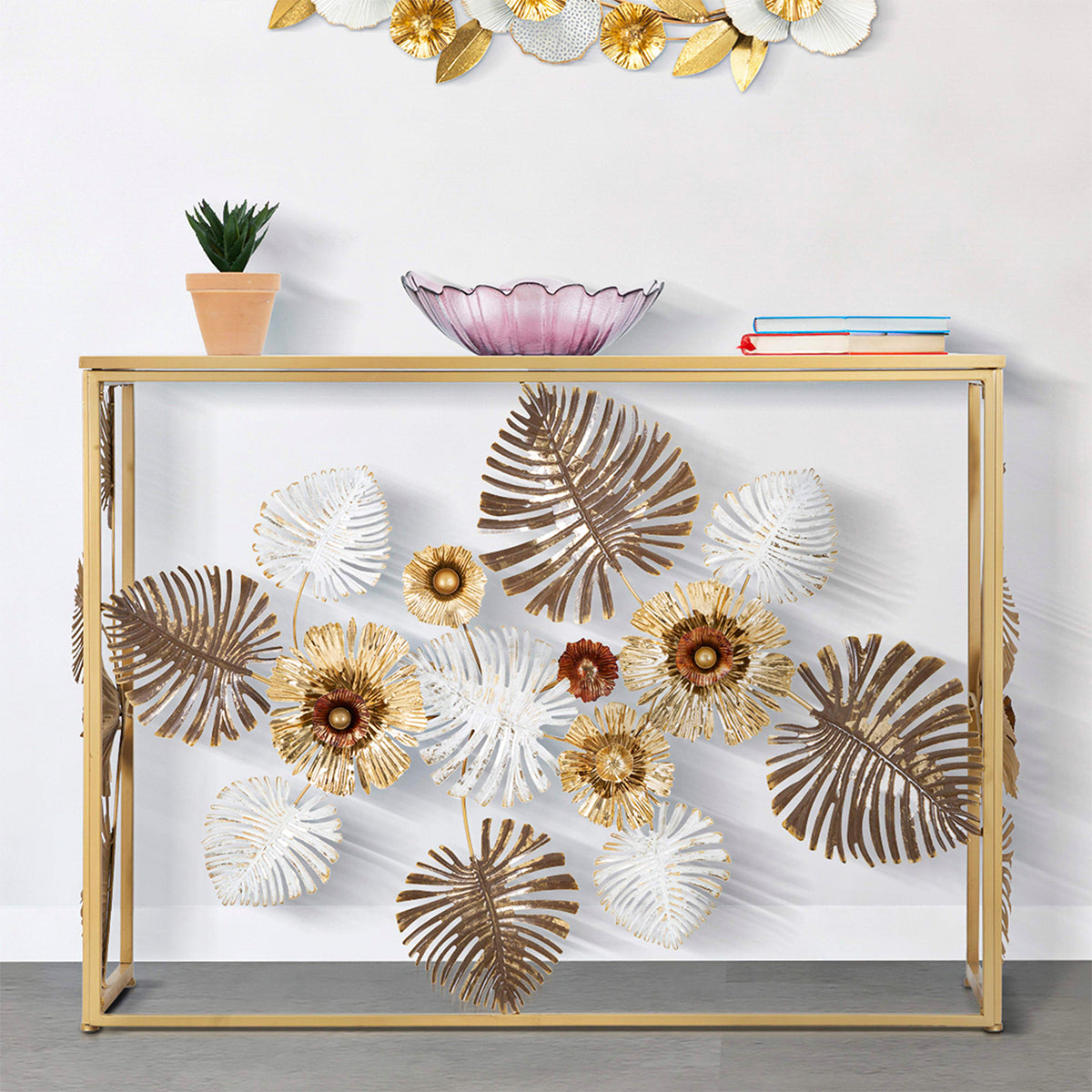 Console en métal et plateau en miroir Flora Dorée
