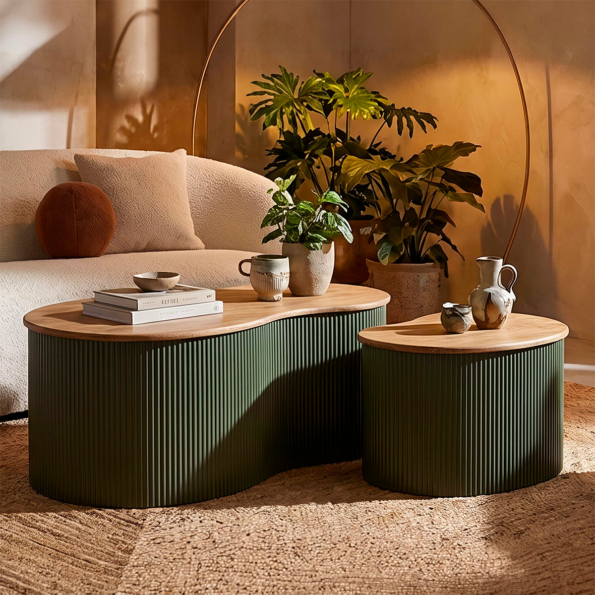 Lot de 2 tables basses 87 cm et 50 cm Frieda Vert et Bois