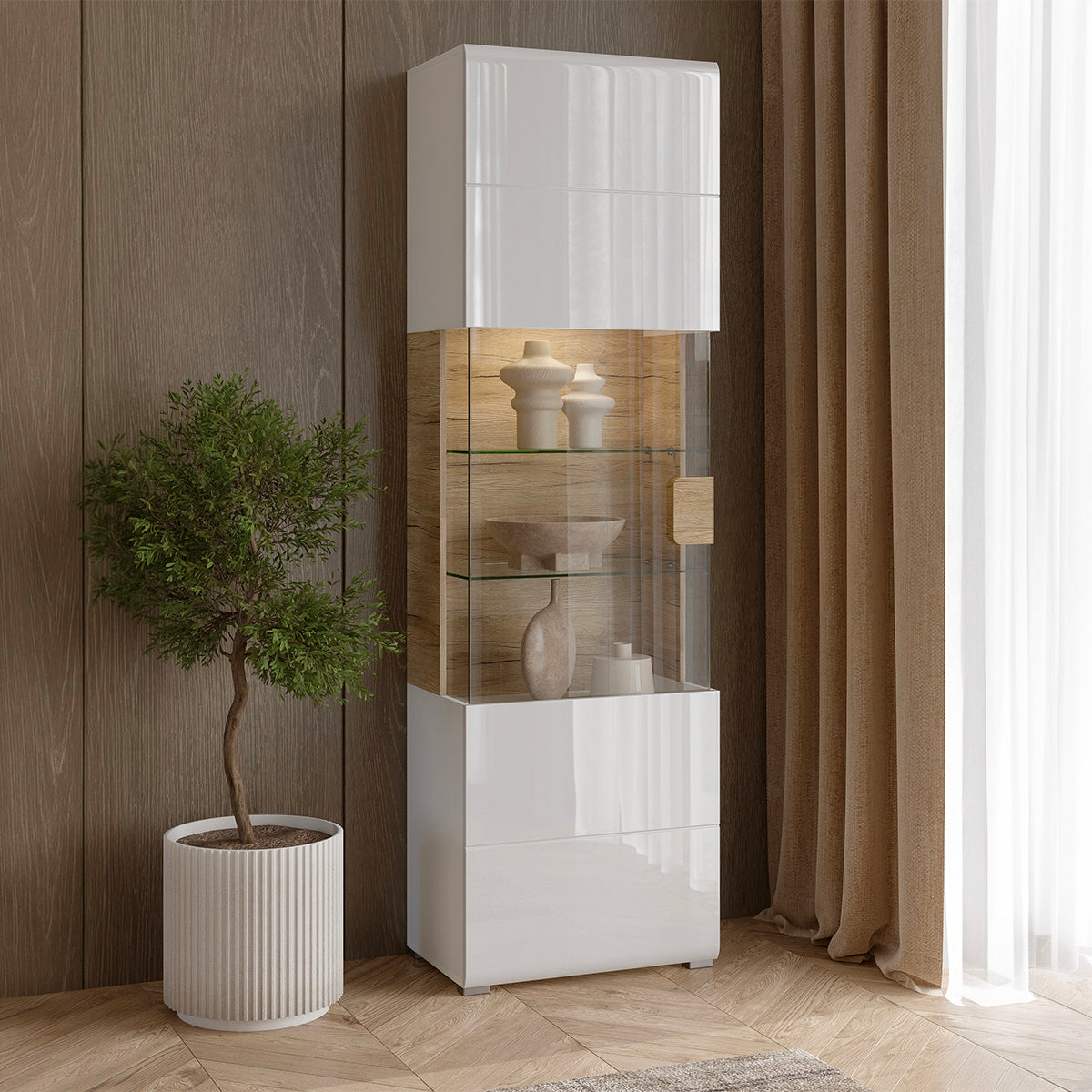 Vitrine 1 porte avec LED Jules Blanc et Bois